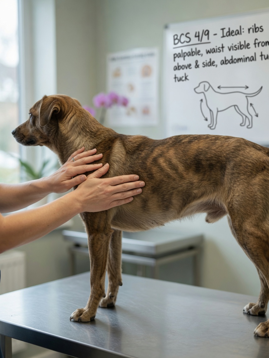Veterinarian performing body condition scoring by palpating a dog's ribcage during a weight assessment