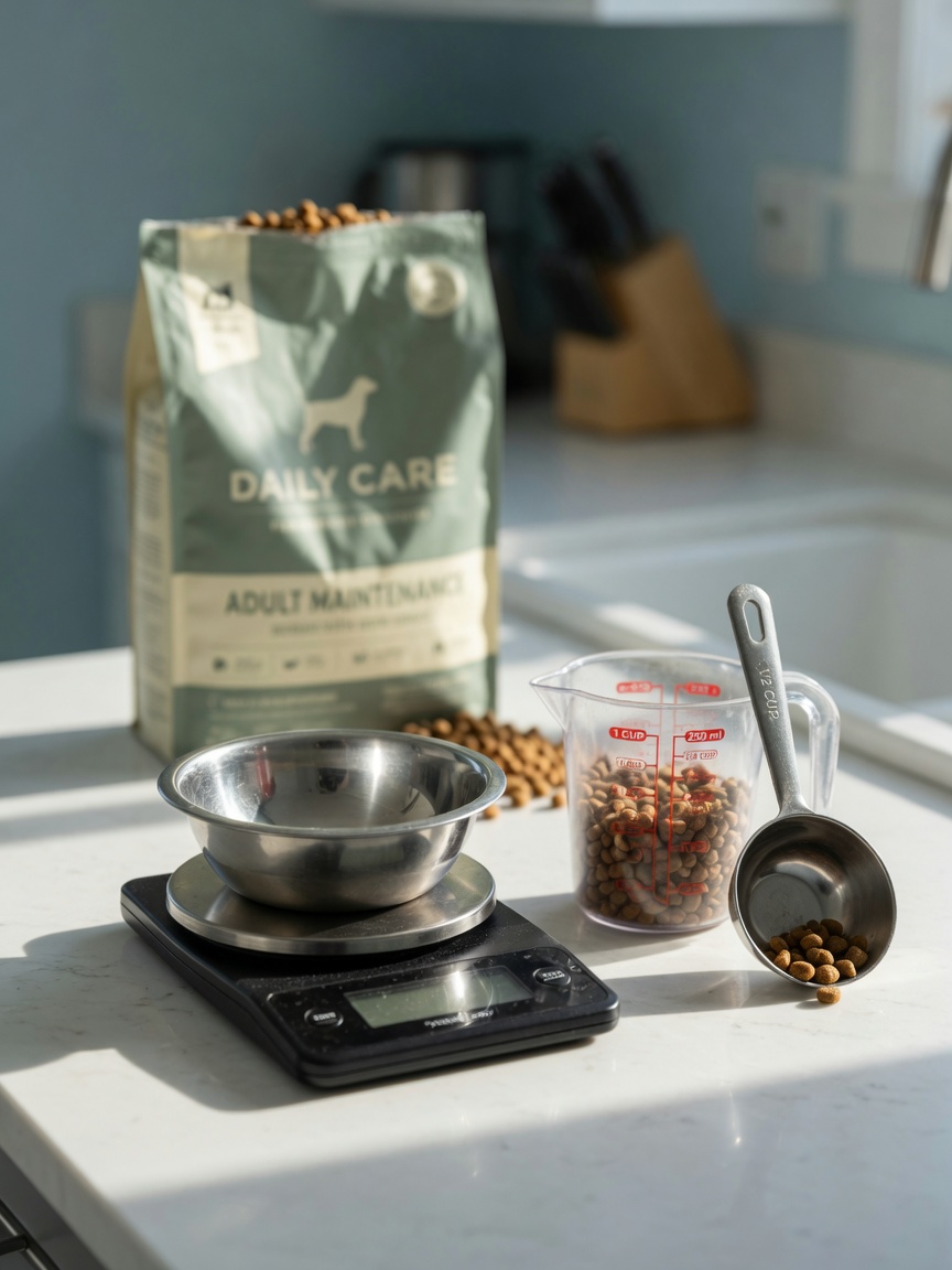 Precision portion control tools including a digital kitchen scale, measuring cup, and scoop arranged on a countertop for accurate dog food measurement