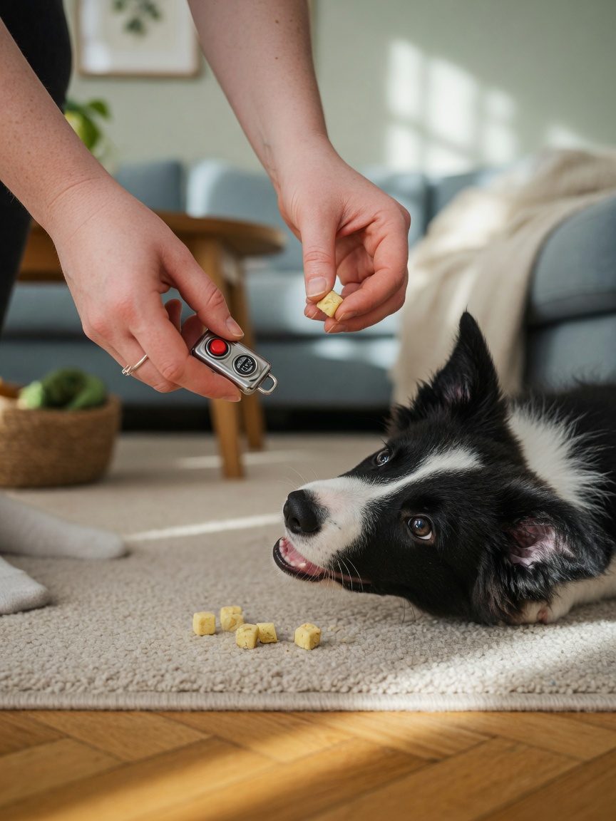 Proprietario di un cane che introduce un dispositivo clicker a un attento cucciolo di border collie con bocconcini di addestramento