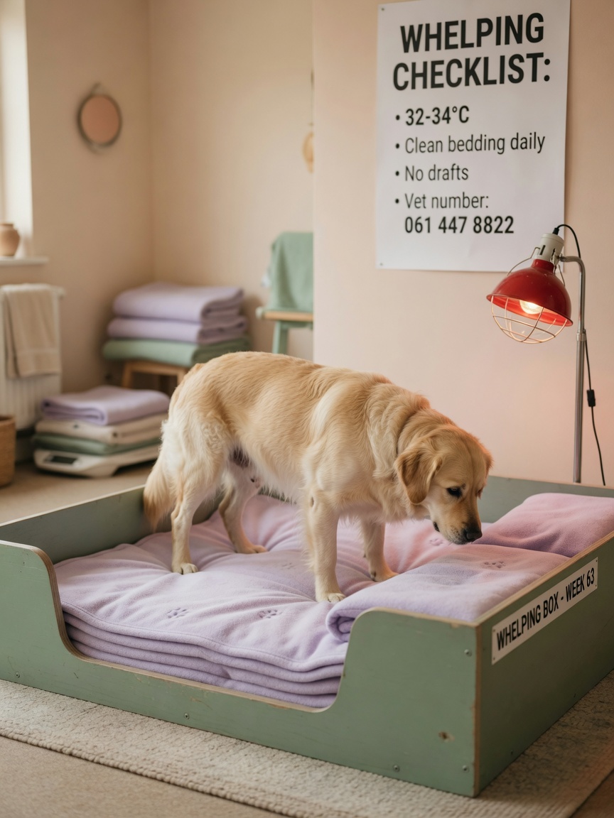 Prepared whelping box with fleece bedding and heat lamp in warm nursery room
