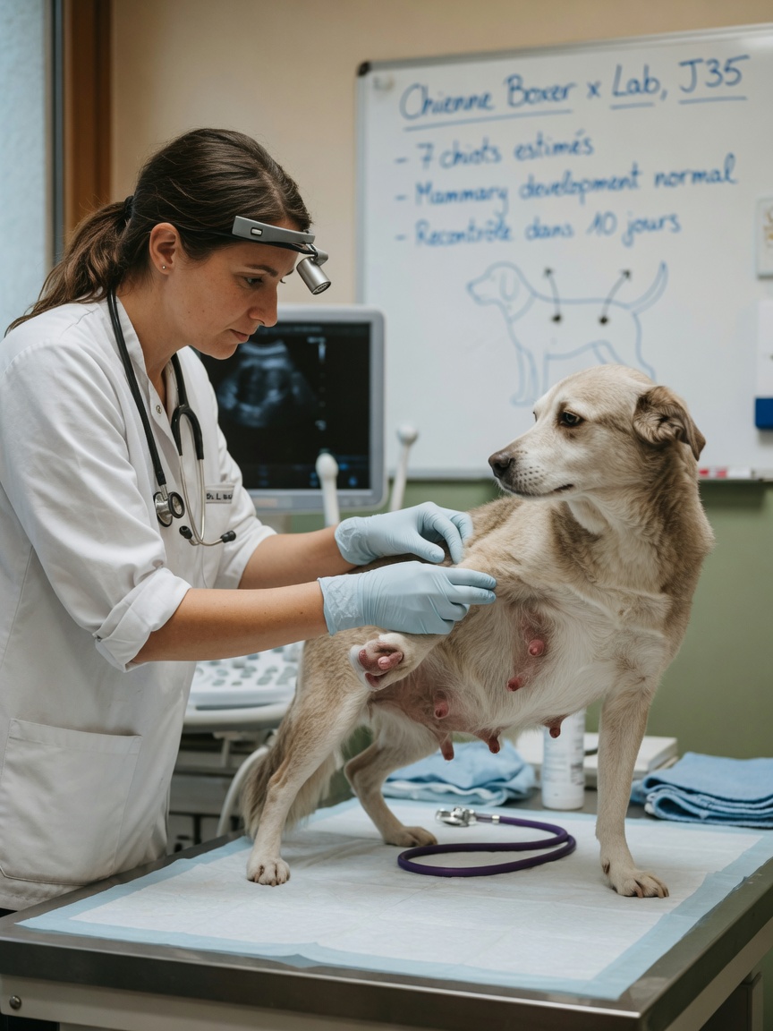 Veterinarian examining a pregnant dog's enlarged nipples during a prenatal check-up to confirm pregnancy