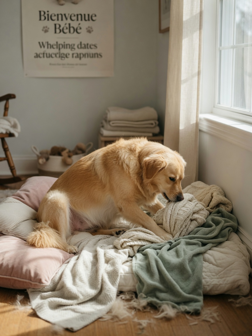 Pregnant dog actively nesting by arranging blankets and bedding in a quiet corner, displaying instinctual maternal behavior