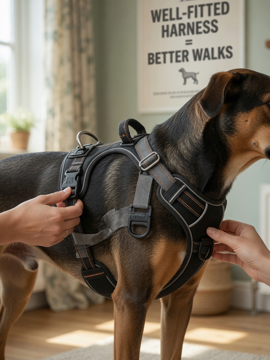 A front-clip harness properly fitted on a dog's chest, showing both attachment points and quality construction