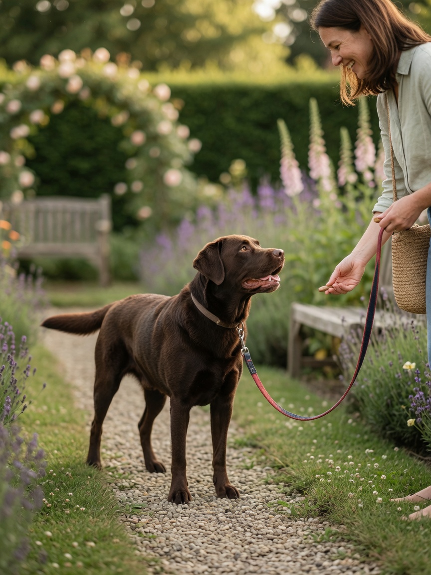 A dog checking in with its owner during loose-lead training, turning back with a slack lead while owner rewards from hip position