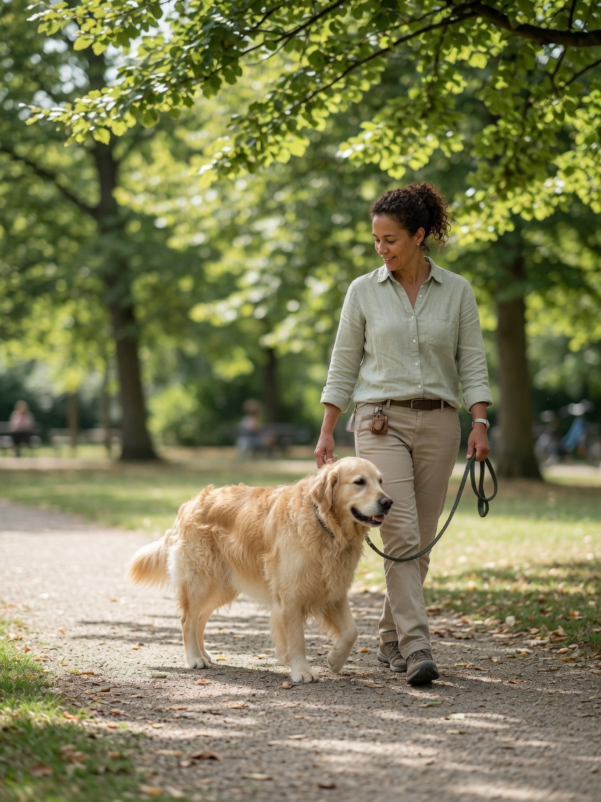 Trainer walking golden retriever with slack leash demonstrating successful loose lead walking technique