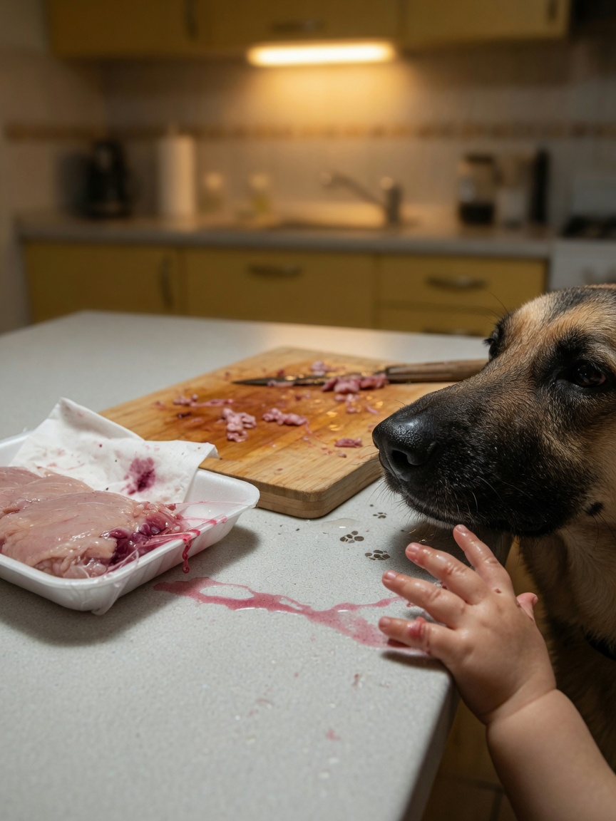 Kitchen counter with raw meat package and toddler reaching toward a German Shepherd's face, illustrating zoonotic contamination risk