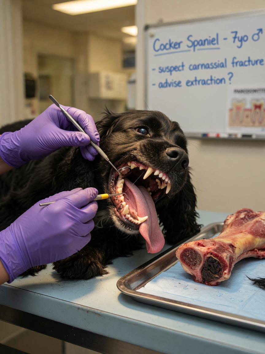Veterinary dentist examining a Cocker Spaniel's teeth on a dental table with a raw bone visible, illustrating dental fracture risk from raw feeding