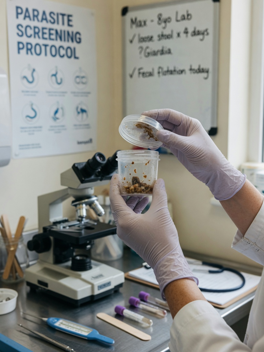 A veterinarian examining a stool sample in a clinical setting, highlighting bacterial contamination risks associated with raw dog feeding.