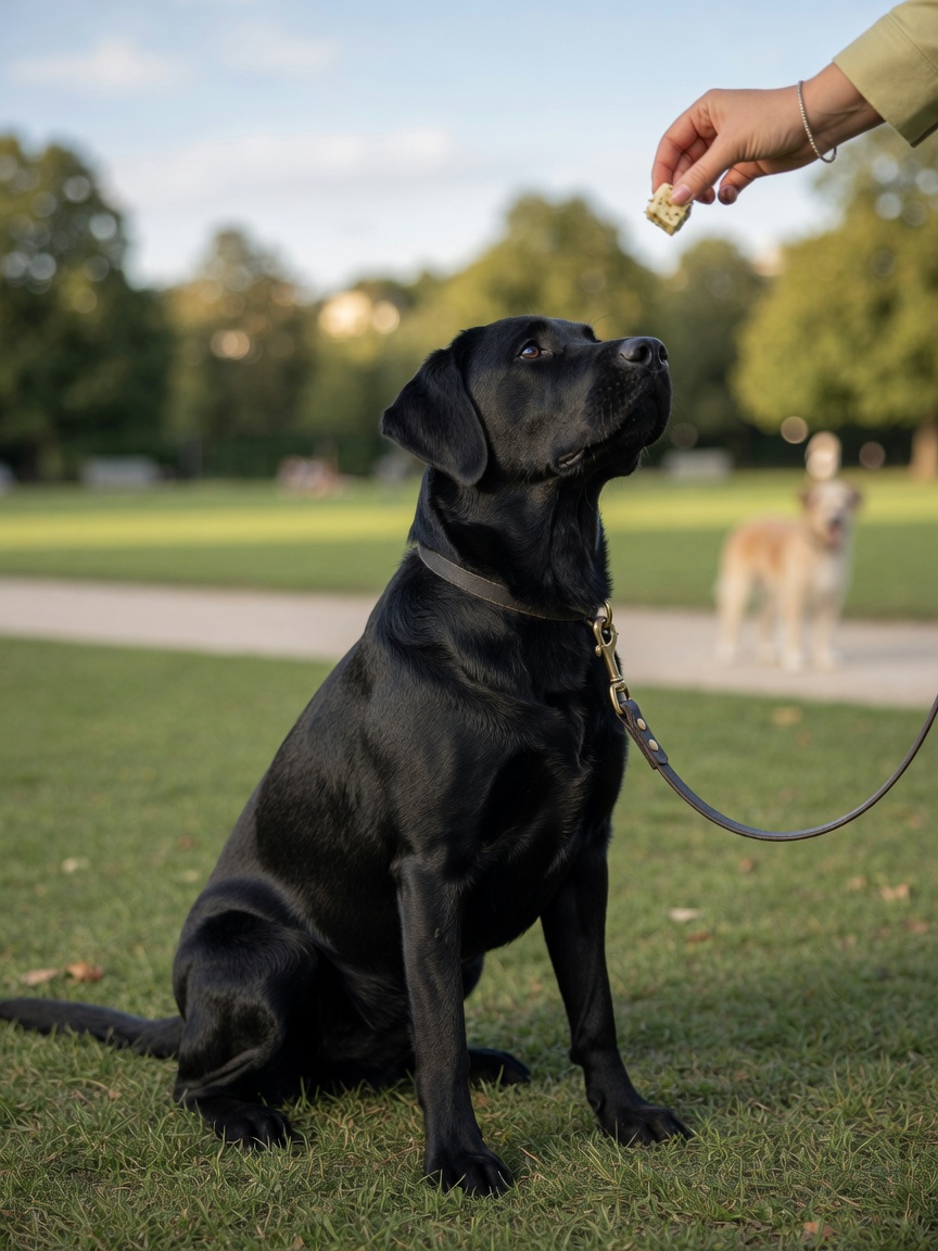 Dog calmly accepting treat while focusing on owner during desensitization training with distant trigger visible
