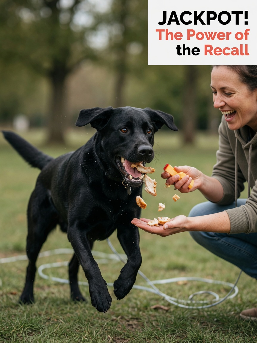 Black Labrador sprinting toward owner during rocket recall training with high-value treat reward