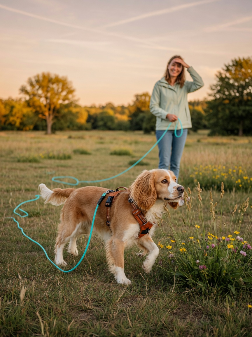 Spaniel wearing harness with long training line attached during off-lead recall training in open field