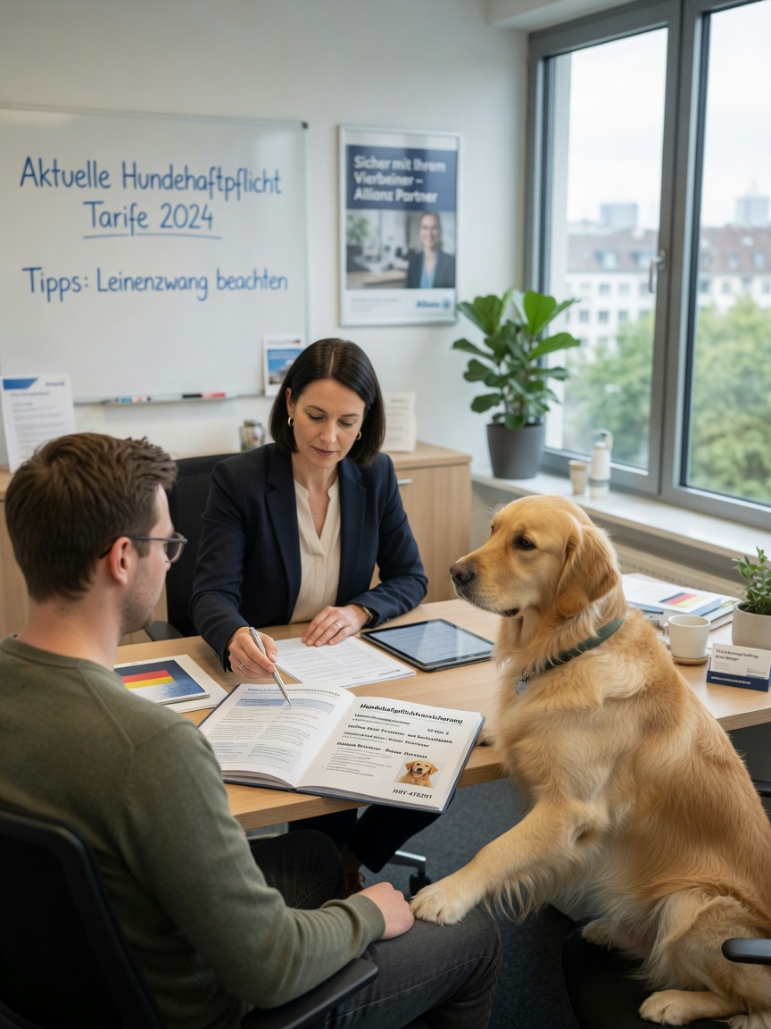 Insurance consultation for dog liability coverage with an agent, owner, and Golden Retriever in an office setting