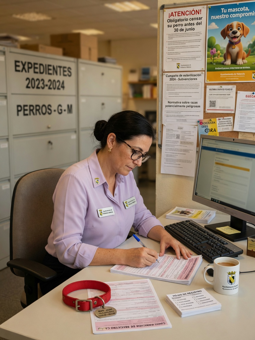 Municipal registration clerk processing dog identification paperwork at an ayuntamiento office desk