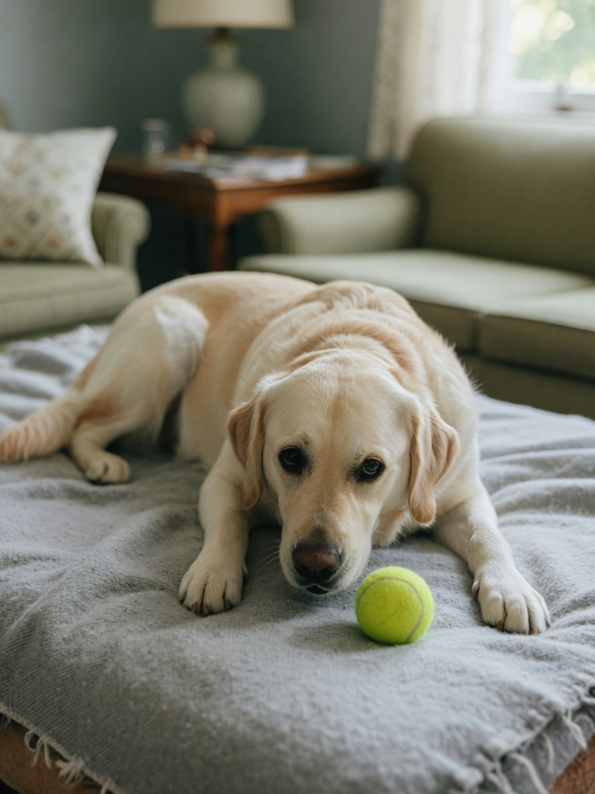 Golden retriever showing subtle freeze posture over a tennis ball demonstrating the first warning signal in resource guarding escalation