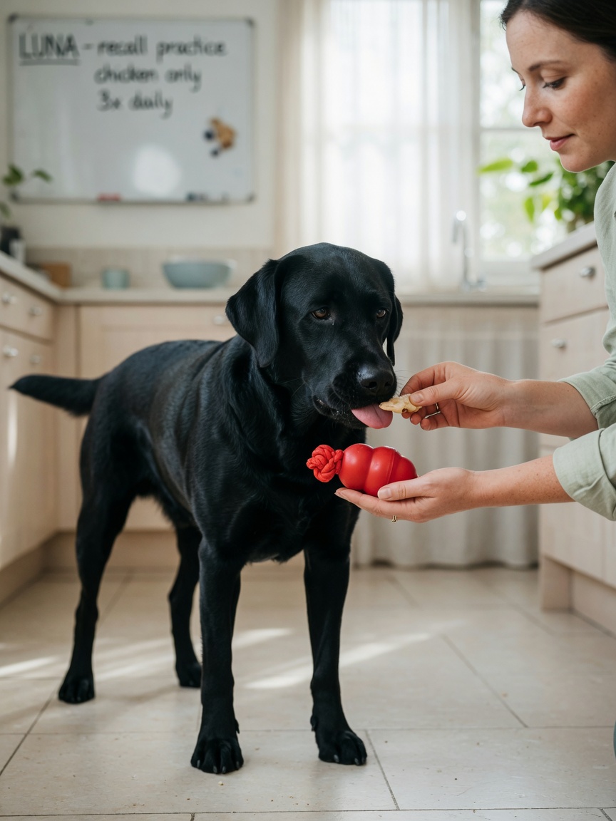 Black Labrador willingly exchanging toy for treat with owner, demonstrating successful trade-up protocol for resource guarding management