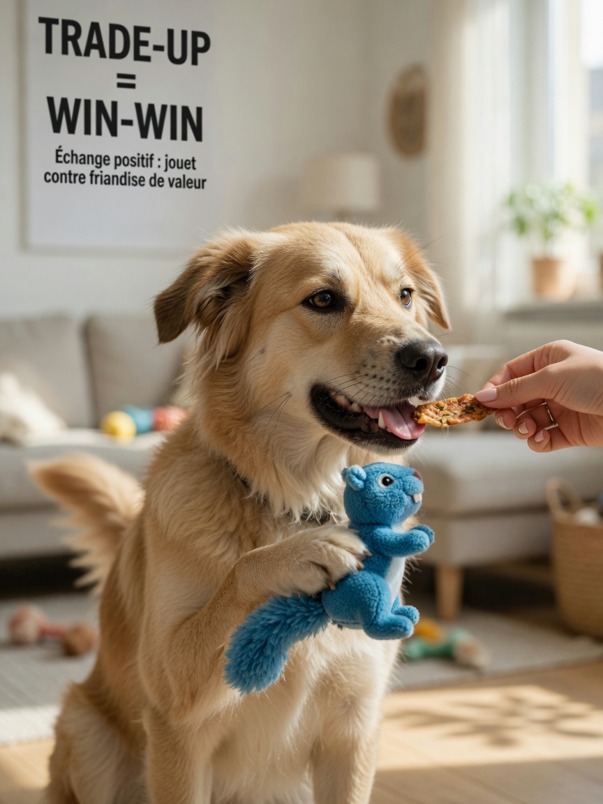 Dog accepting a high-value treat trade-up from owner's hand during positive resource guarding training exercise
