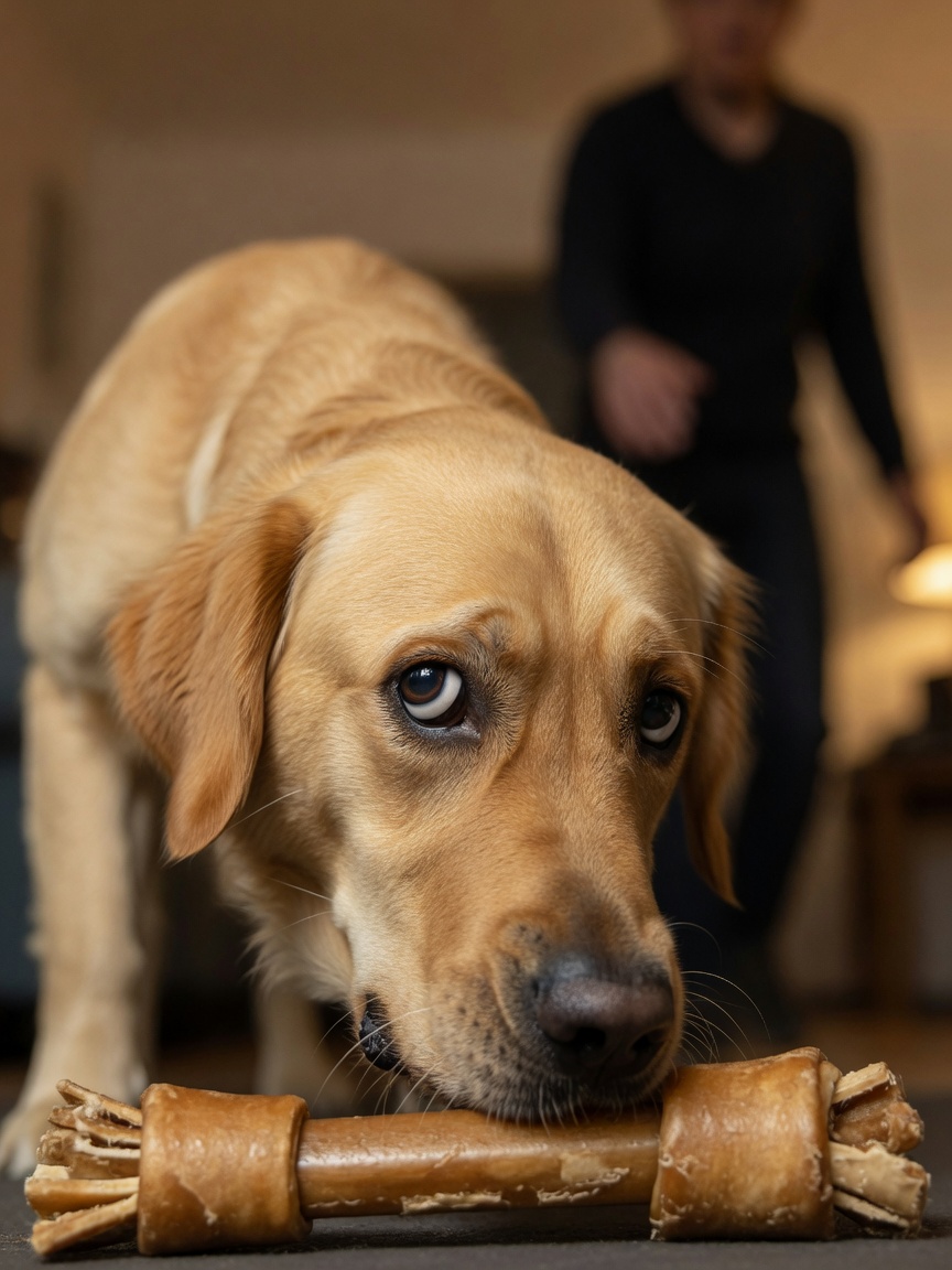 Close-up of dog's face displaying whale eye and hard stare over guarded resource, showing warning signals of escalating resource guarding