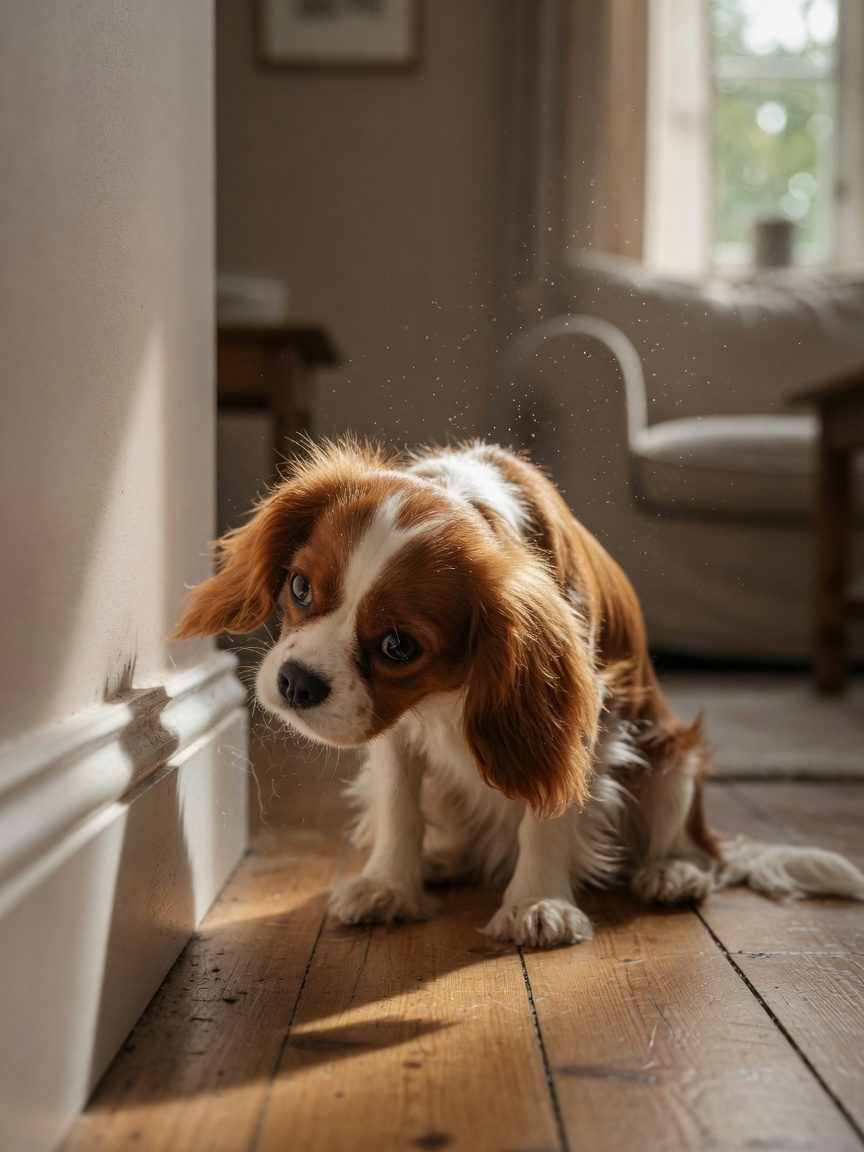 Cavalier King Charles Spaniel sniffing along baseboard demonstrating environmental trigger for reverse sneezing