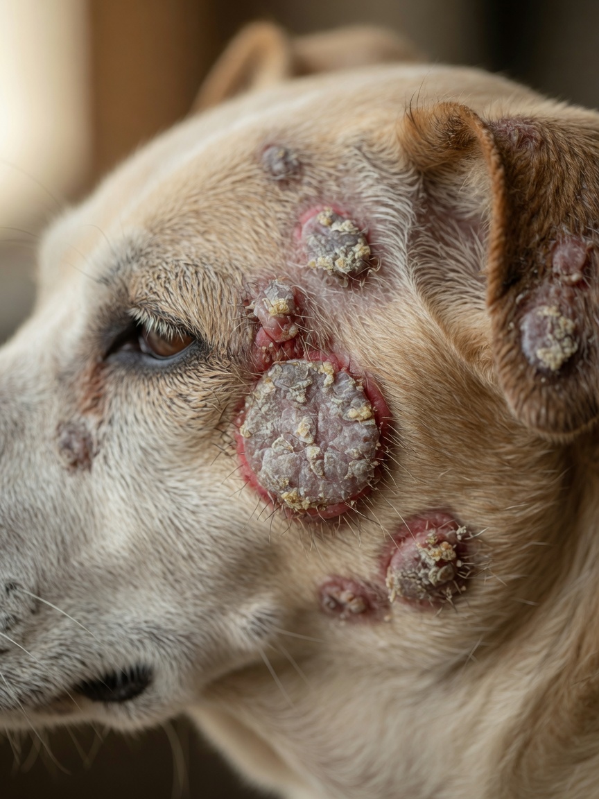 Close-up of dog's skin showing circular hair loss, scaly patches, and brittle hairs characteristic of ringworm infection