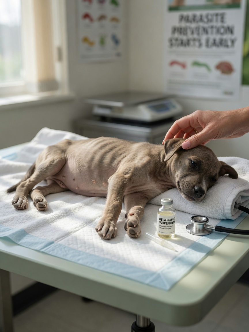 Symptomatic puppy showing clinical signs of heavy roundworm infection with owner comfort