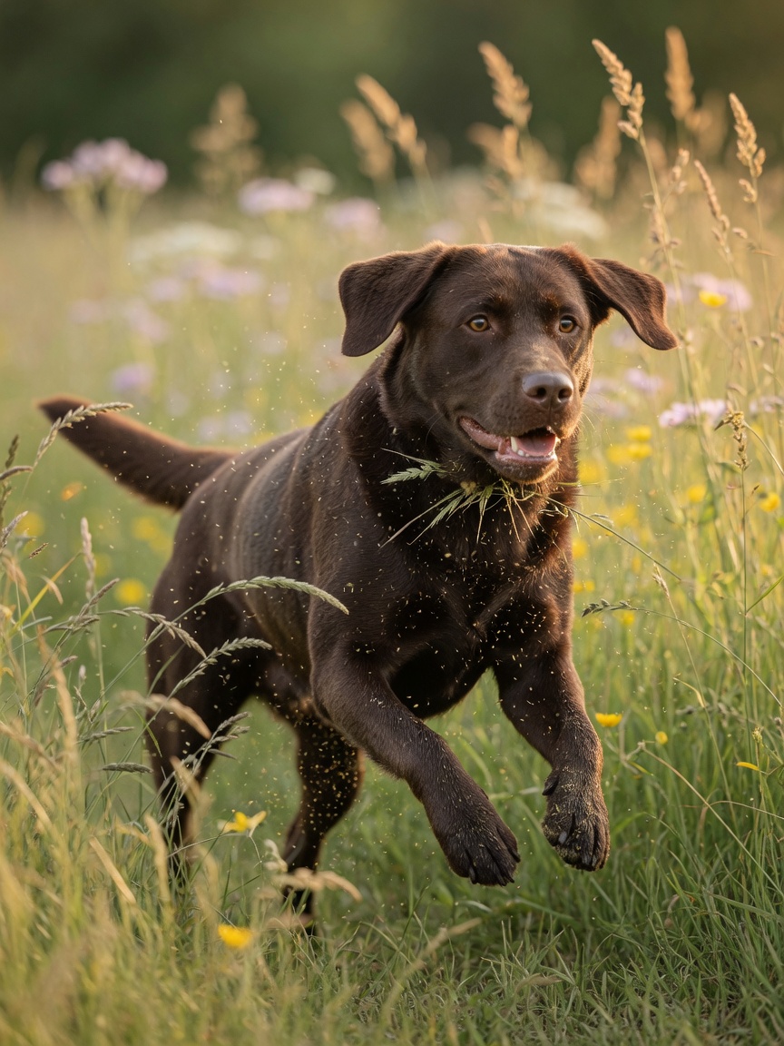 Chocolate Labrador running through tall grass during pollen season