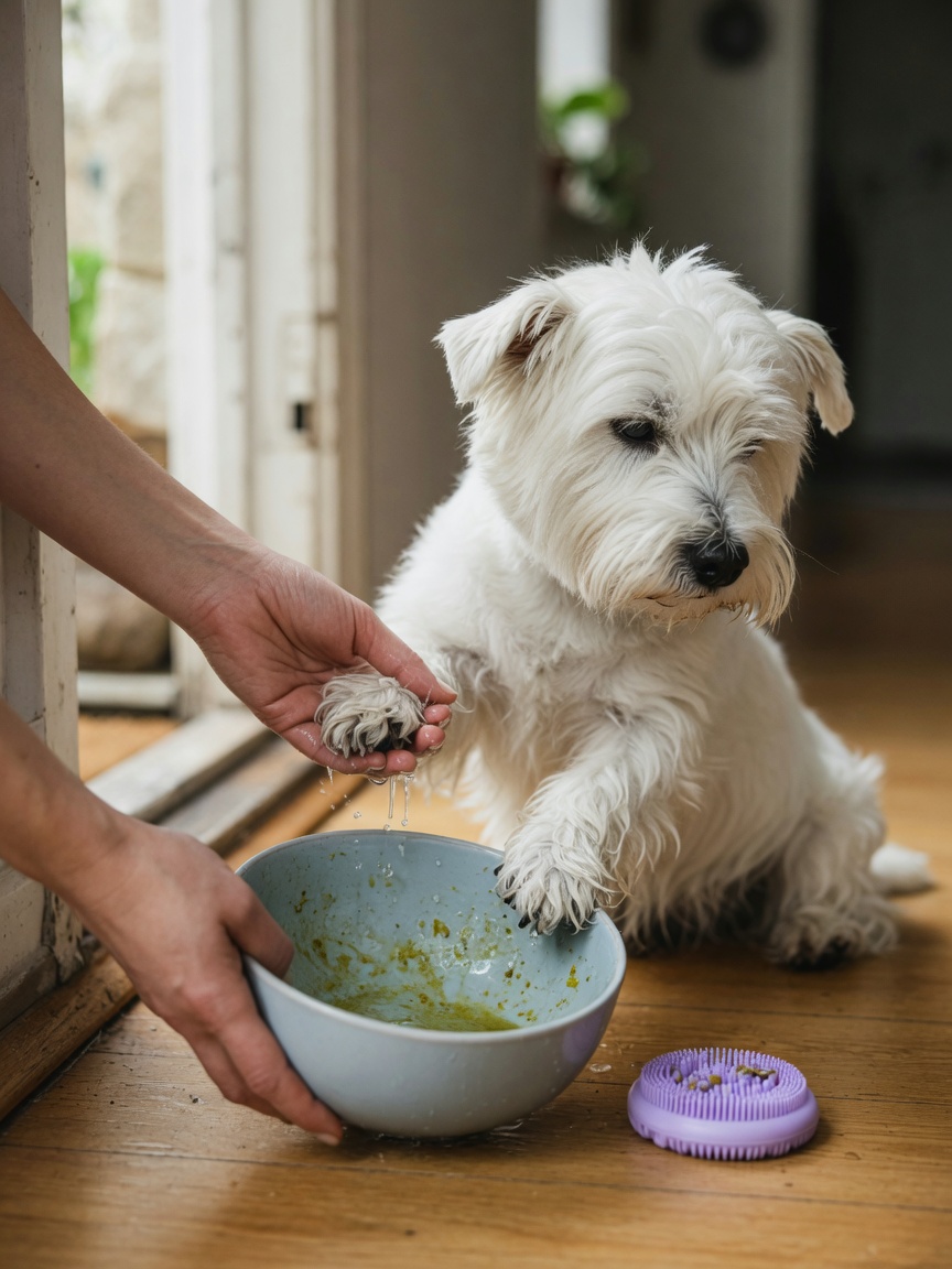 Person washing a white terrier's paws with water to remove pollen and allergens
