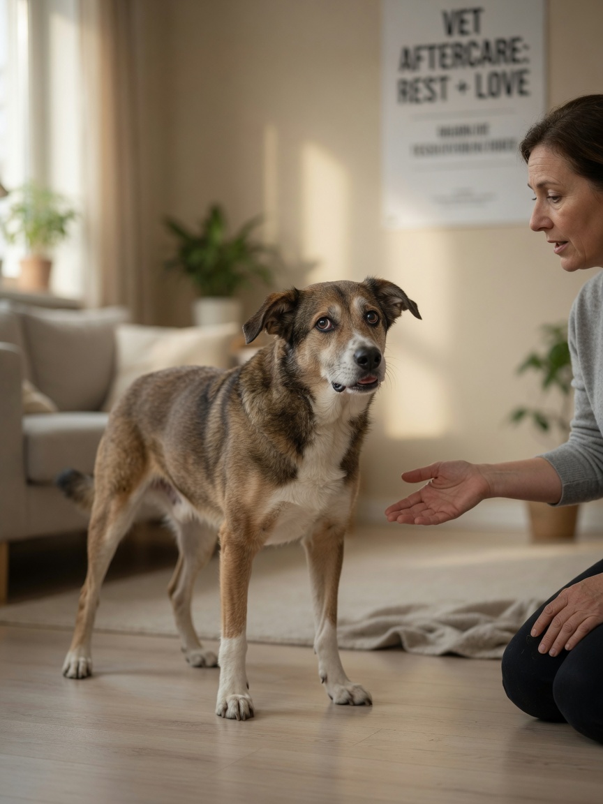 Disoriented dog recovering from seizure, appearing confused and unsteady with owner nearby