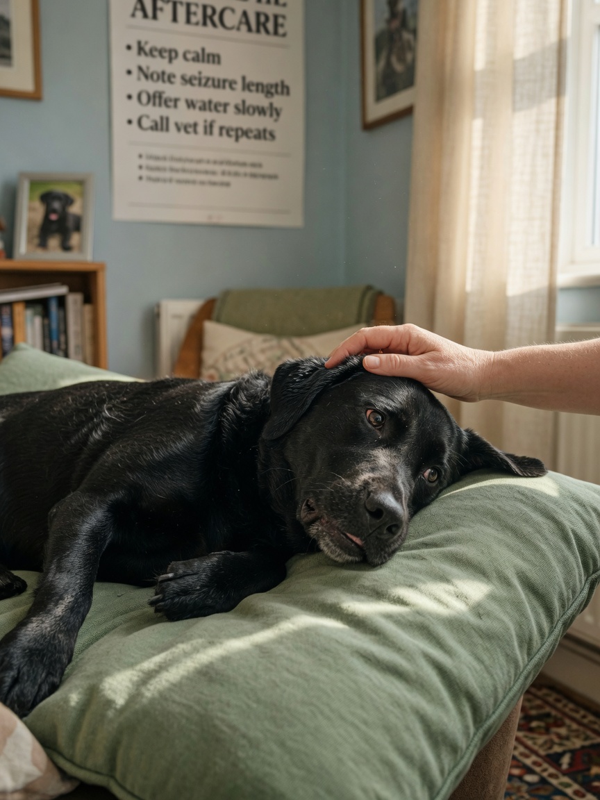 Post-ictal dog resting on cushion with owner's comforting hand, showing disorientation and fatigue during recovery phase