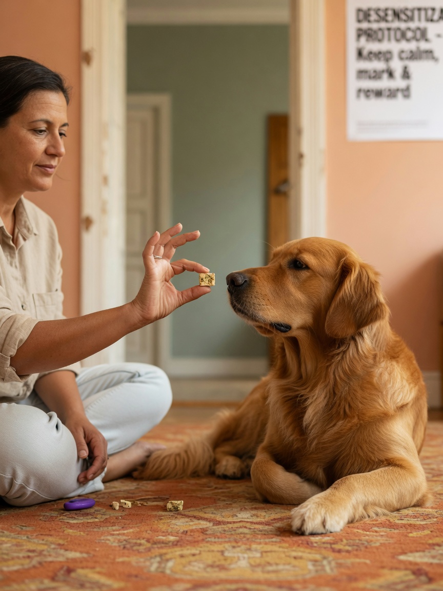 Owner rewarding dog with treat during separation anxiety training and desensitization