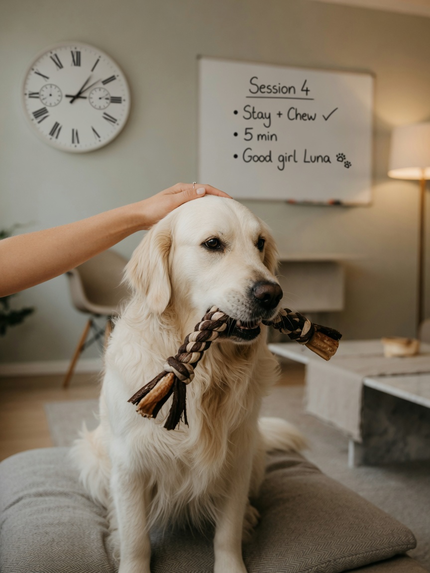 Golden Retriever calmly engaging with a chew toy during behavioural modification training