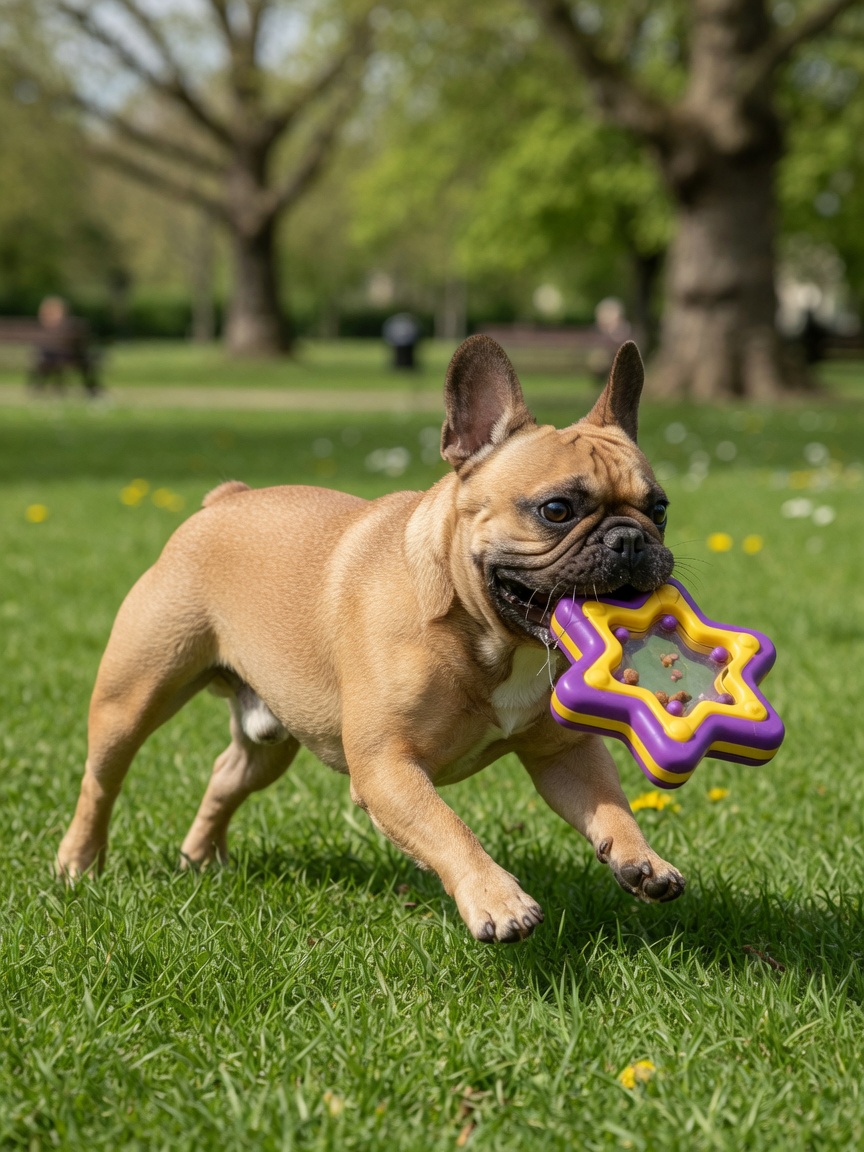 French Bulldog playing outdoors with a puzzle toy, demonstrating enrichment and exercise