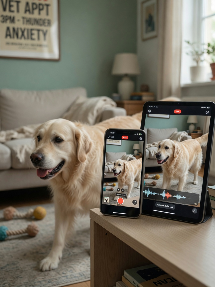 Smartphone and tablet recording a distressed dog showing separation anxiety behaviors