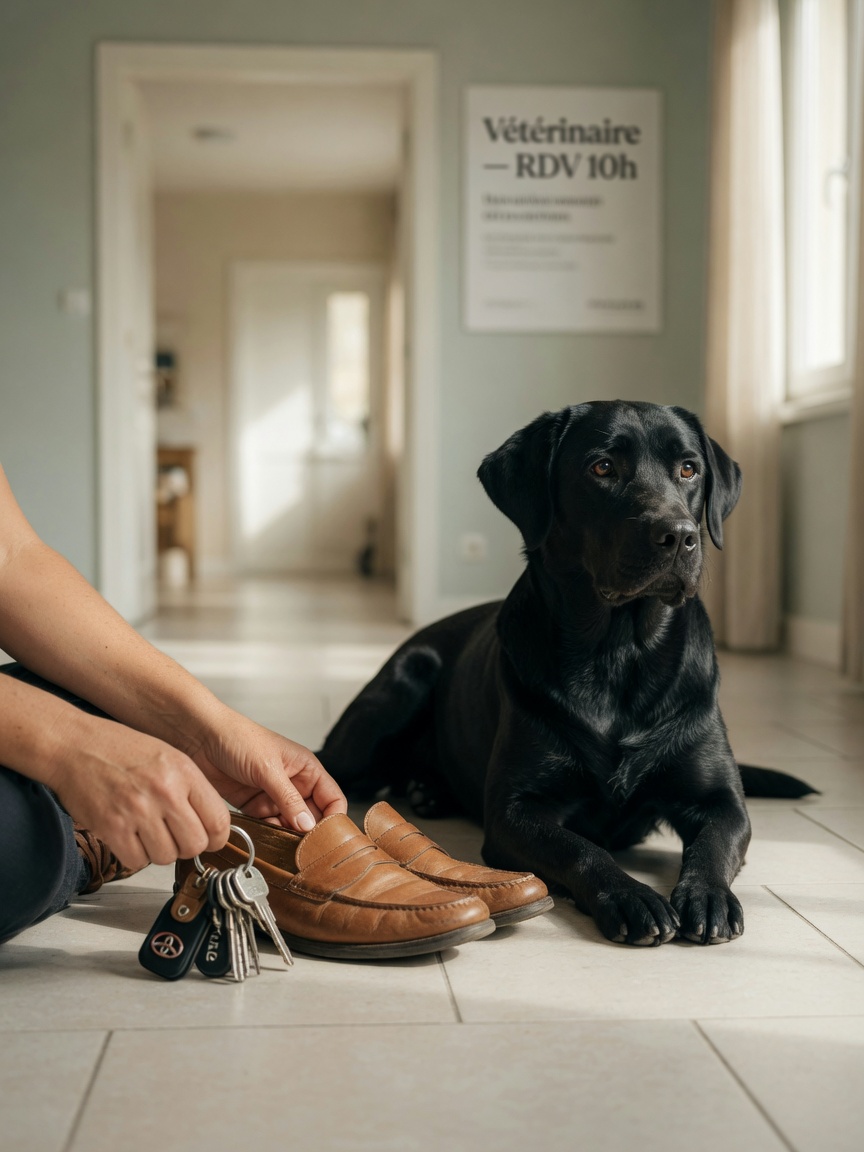Person holding keys and shoes while dog remains calm, demonstrating pre-departure desensitization training
