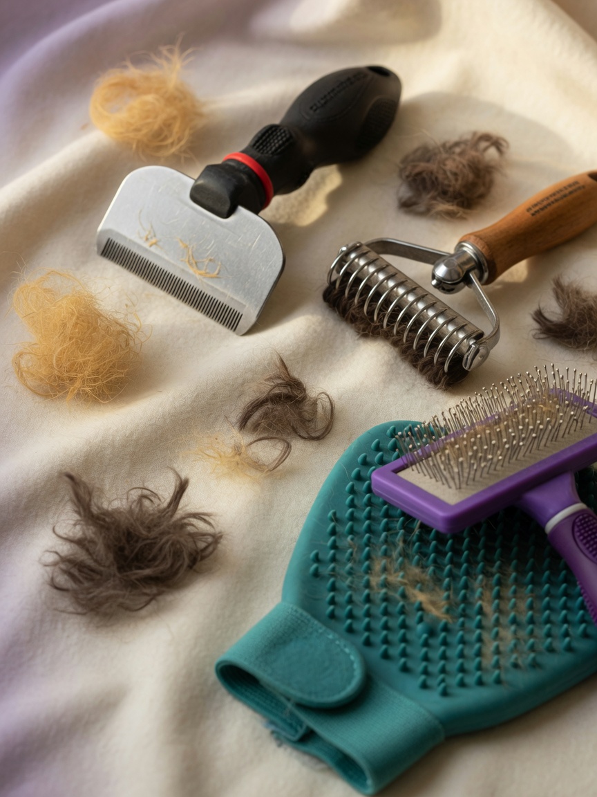 Professional deshedding tools including Furminator, undercoat rake, rubber mitt, and slicker brush arranged with loose fur