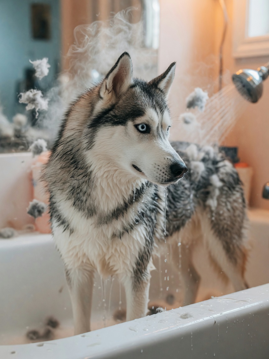Siberian husky receiving a bath with high-velocity dryer releasing loose fur from double coat