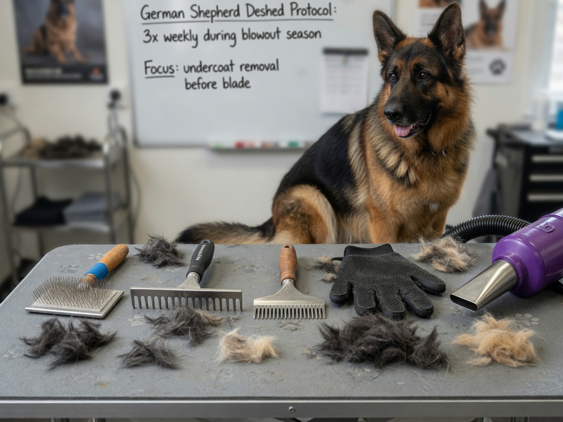 Five professional deshedding tools arranged with a German Shepherd, showing slicker brush, undercoat rake, deshedding blade, grooming mitt, and high-velocity dryer