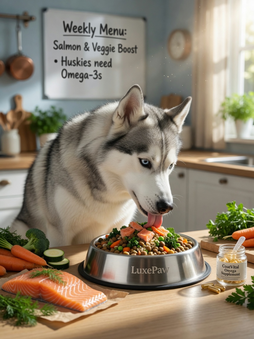 Siberian Husky with pristine coat eating nutritious food, surrounded by omega-3 rich ingredients like salmon and fresh vegetables