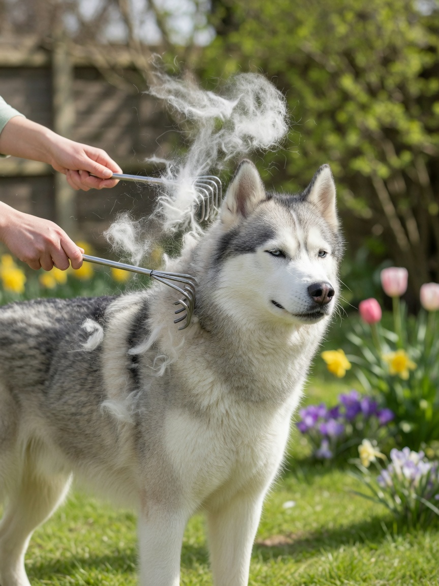 Siberian Husky being brushed with undercoat rake, large amount of shed fur visible during spring grooming