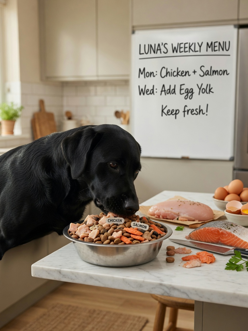 Black Labrador Retriever eating nutritious dog food with visible protein sources, displaying a healthy shiny coat in natural kitchen light