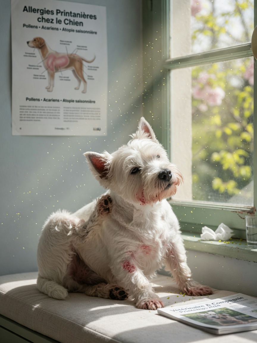 A white West Highland Terrier scratching its ears and face near a sunny window with visible pollen particles in the light, showing signs of environmental allergies