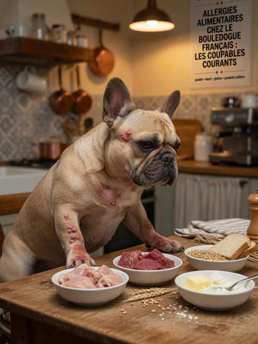 A fawn French Bulldog with visible skin irritation examining bowls of common food allergens at a kitchen table