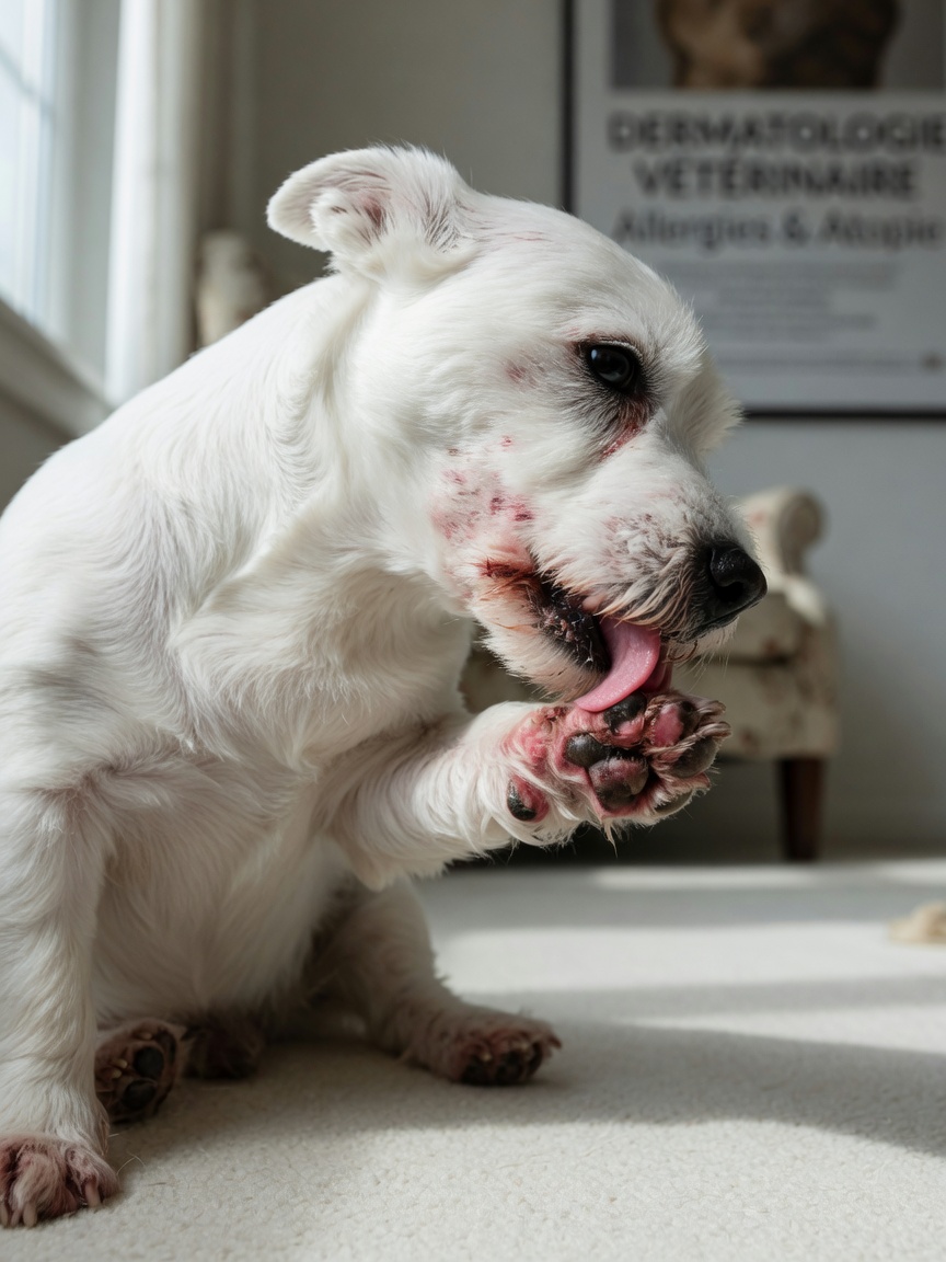 West Highland White Terrier with atopic dermatitis licking and chewing at paw with brown saliva staining