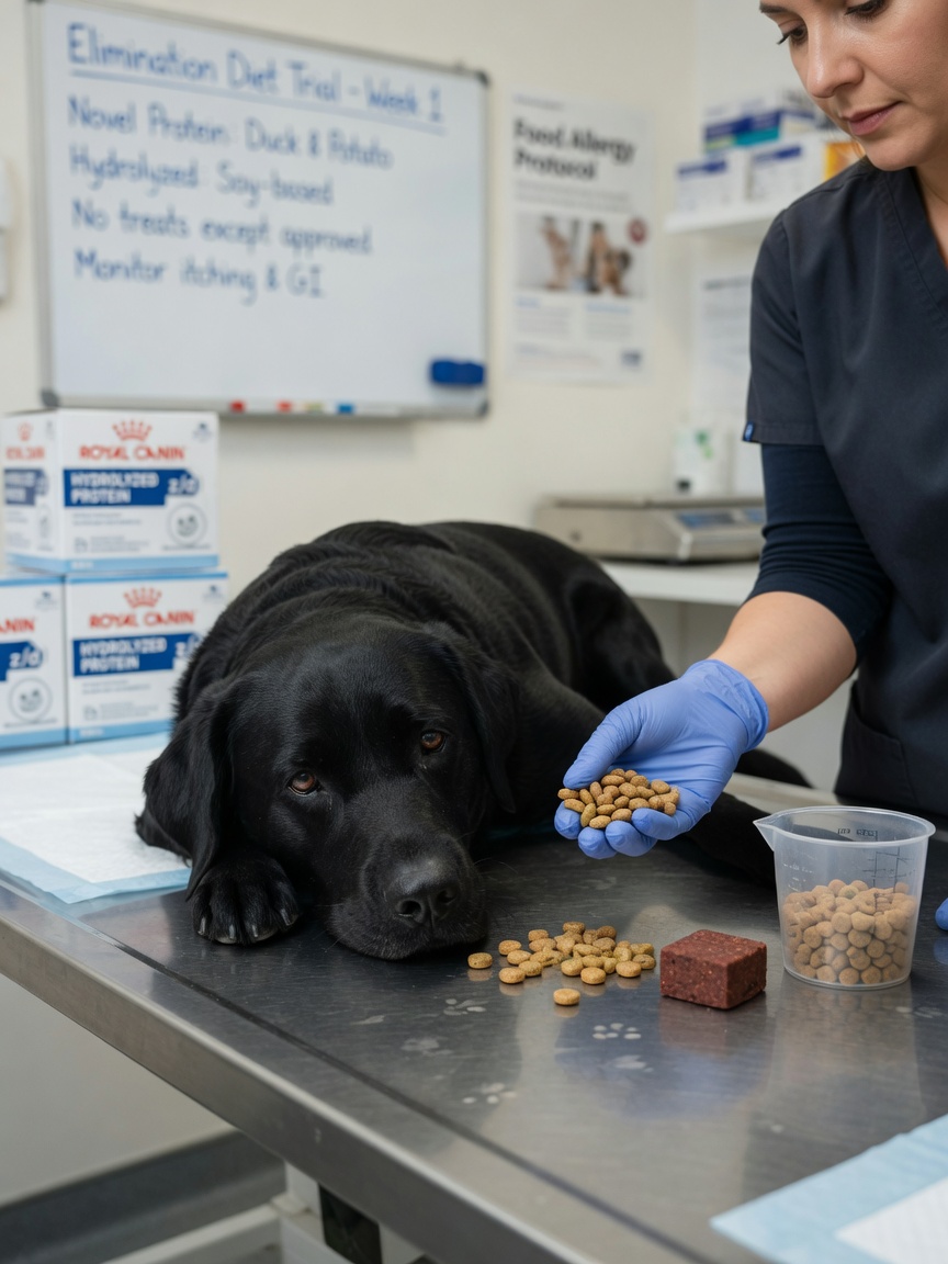 Veterinarian demonstrating elimination diet options with novel protein kibble and hydrolysed diet food during canine food allergy diagnosis