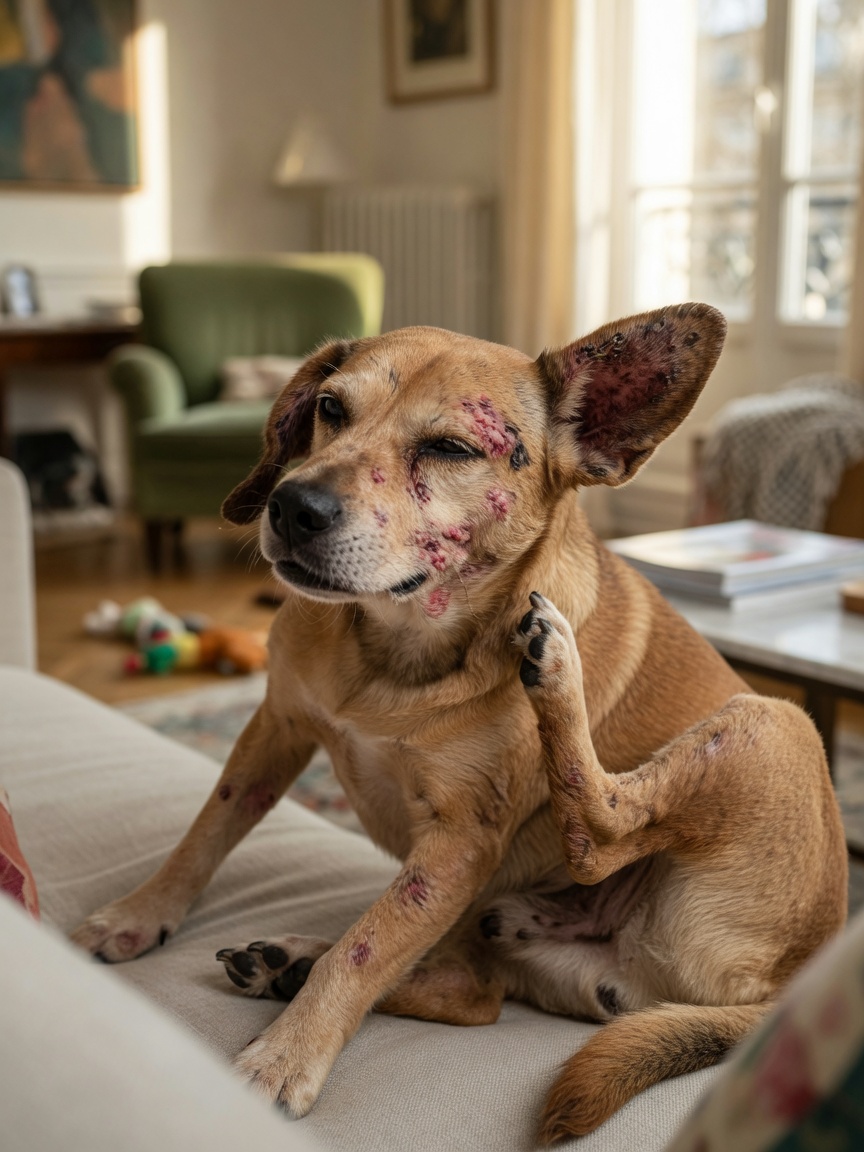 A dog intensely scratching at its inflamed face and ears, showing visible redness and darkened skin from atopic dermatitis in a home setting