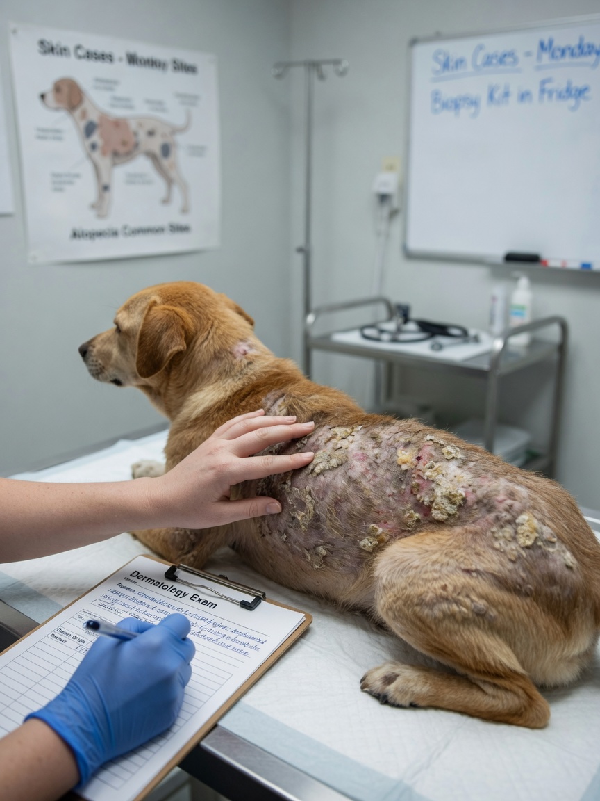 A dog on a veterinary examination table showing hair loss, patchy skin, and lesions being documented by a veterinarian during a dermatological examination