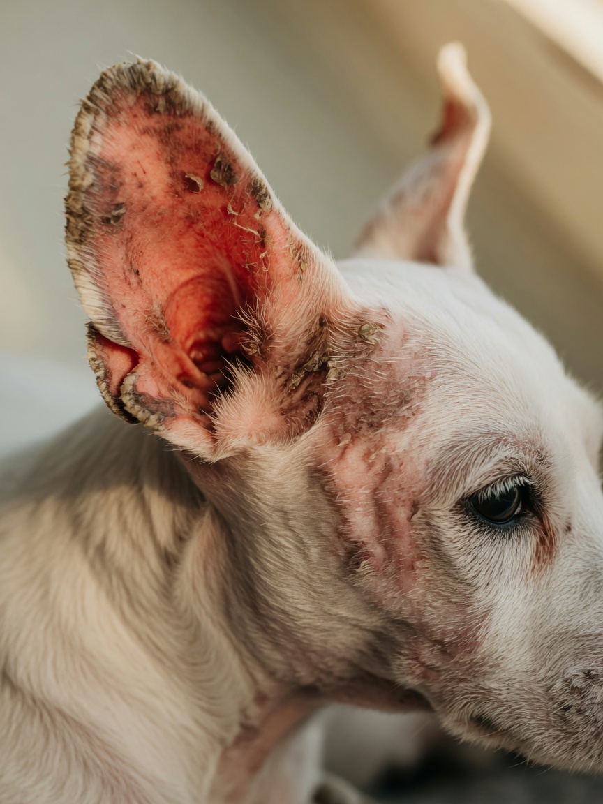 Close-up of West Highland White Terrier's ear showing redness and skin irritation from atopic dermatitis