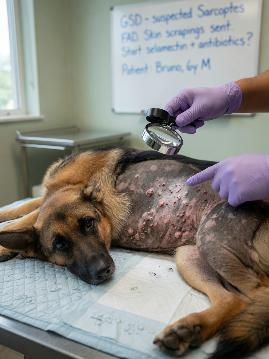 Veterinarian examining a German Shepherd's skin for parasitic conditions and hair loss patterns
