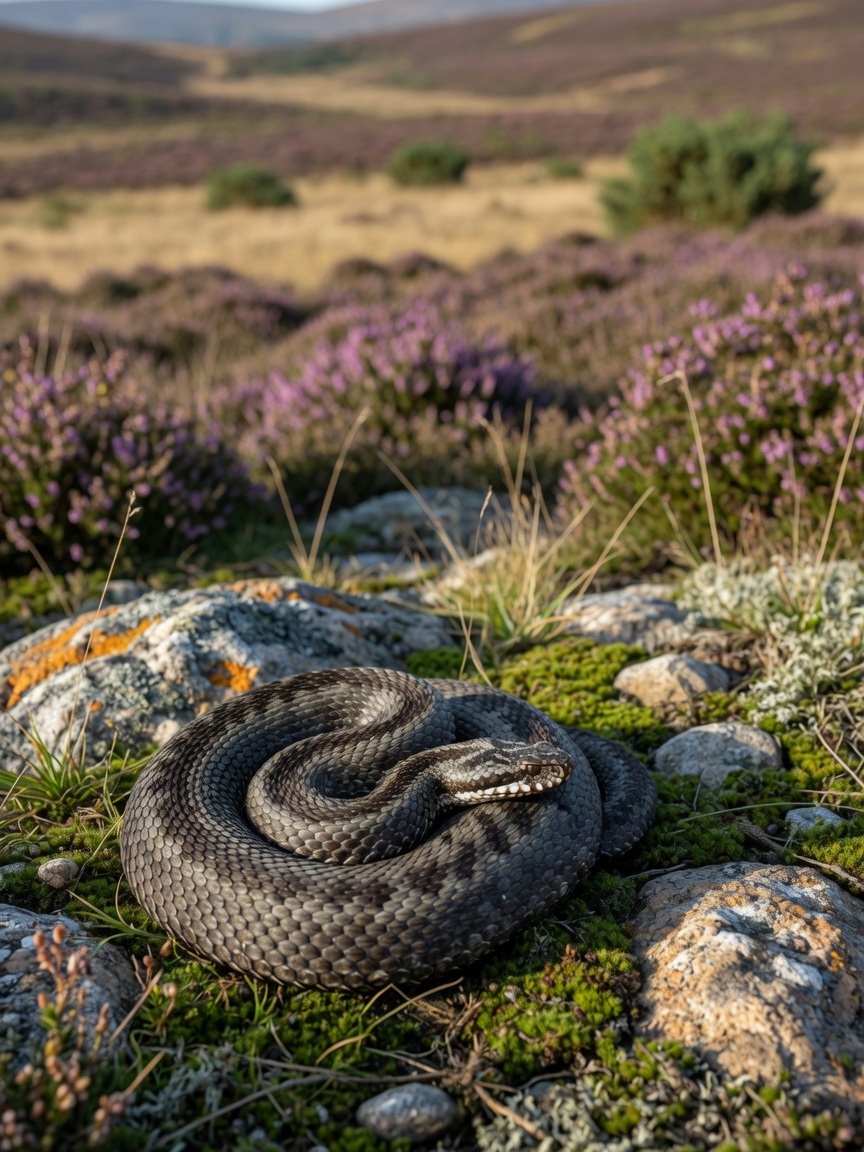 Common Adder (Vipera berus) coiled on rocky heathland terrain basking in sunlight