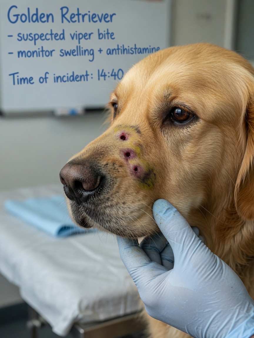 Close-up of snake bite wounds on dog's muzzle with visible swelling being examined by veterinarian