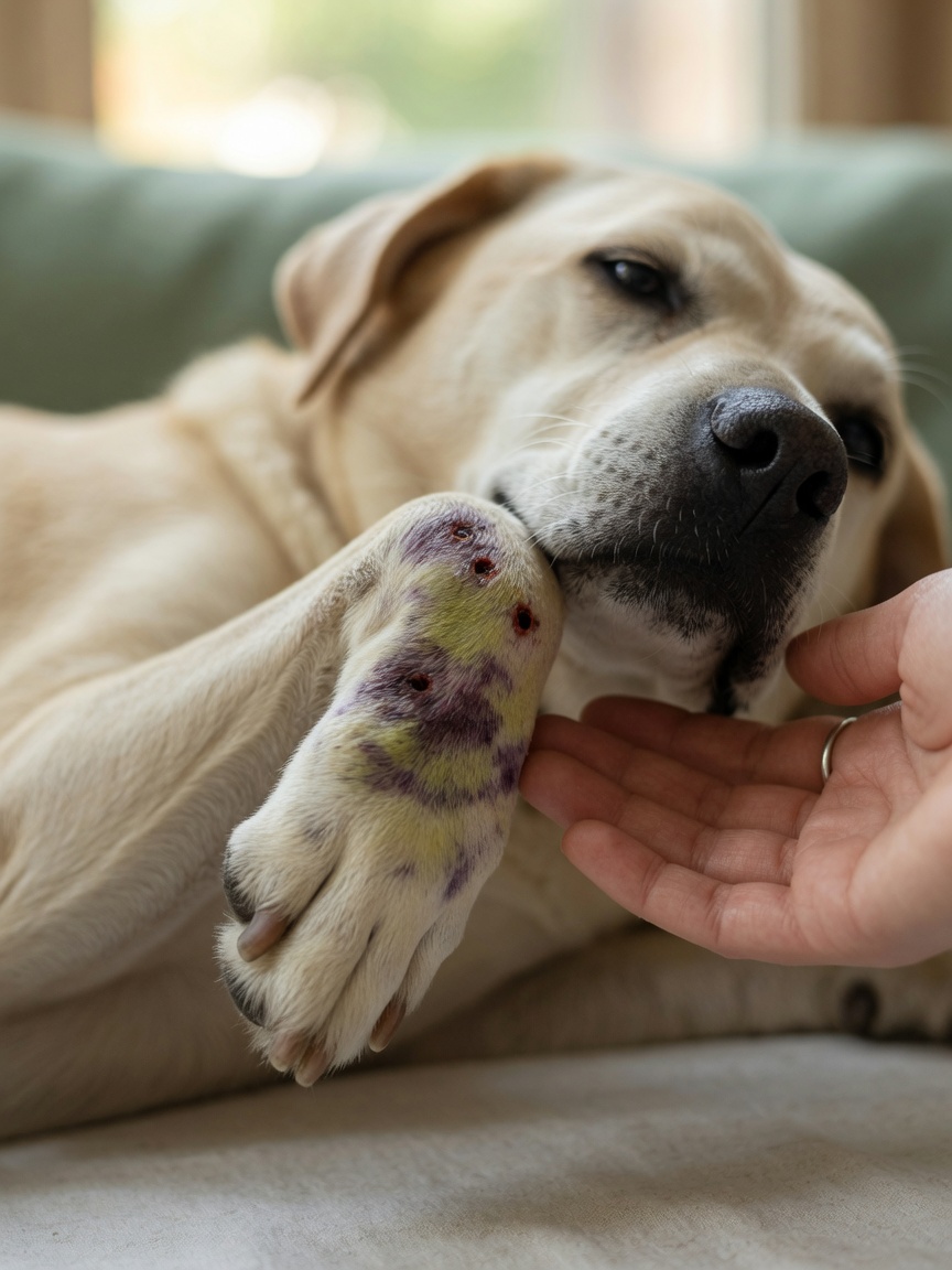 Close-up of a dog's bite wound showing two small puncture marks with surrounding bruising and swelling